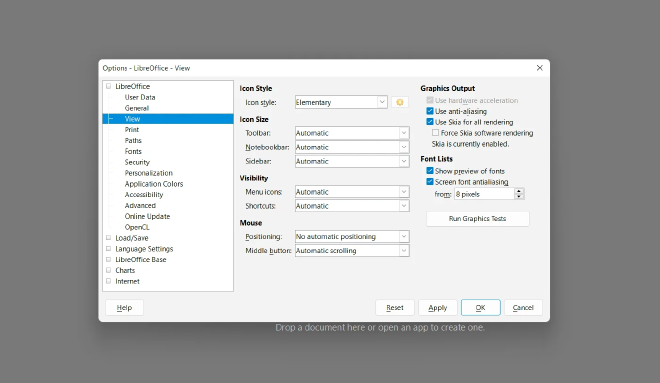 Libre Office, ventana de opciones