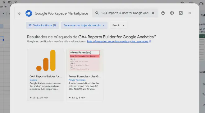 Google Sheets, complemento oficial de Google Analytics 4