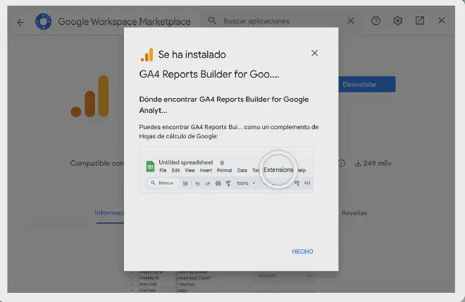 Complemento de Google Analytics report builder instalado