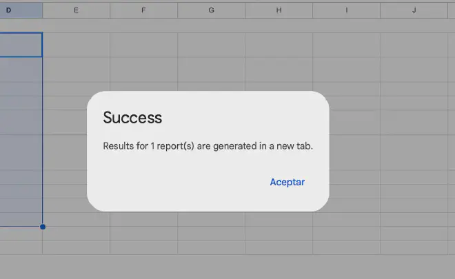 Pantalla de éxito de Google Analytics report builder
