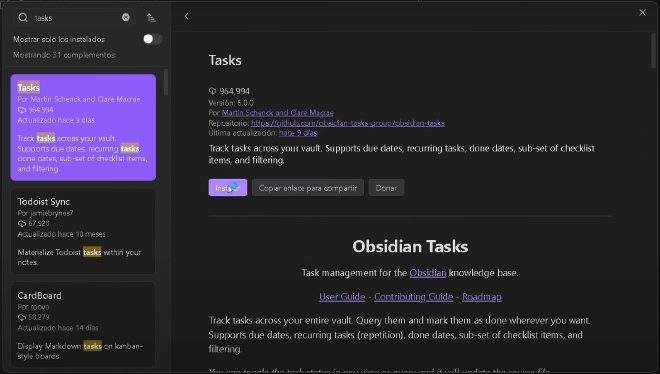 Obsidian, complemento o plugin Tasks
