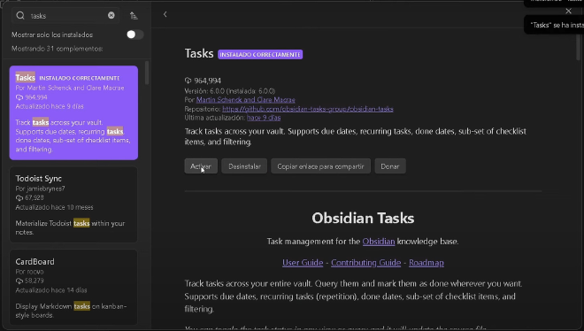 Obsidian, activar plugin Tasks