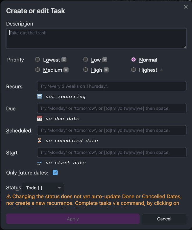Obsidian, crear tarea con el editor del plugin Tasks