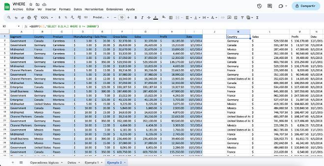 Google Sheets con datos filtrados por valor numérico